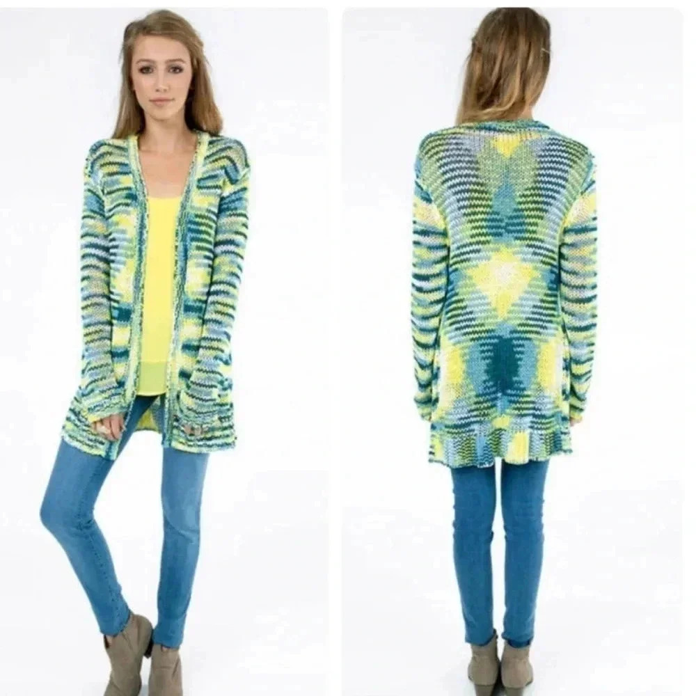 NWOT Chaser Long Sleeve Knit Bohemian Cardigan & Tank Set Blue/yellow Size M